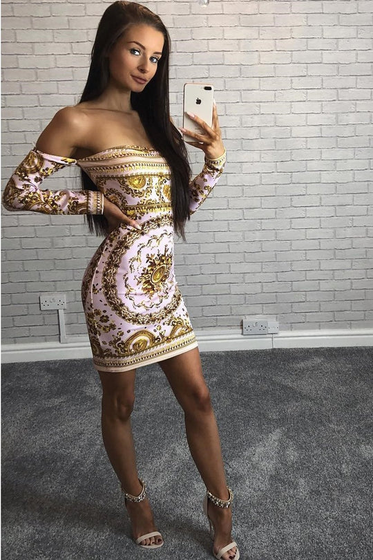 Rose and Gold Print Bardot Dress - Kacee