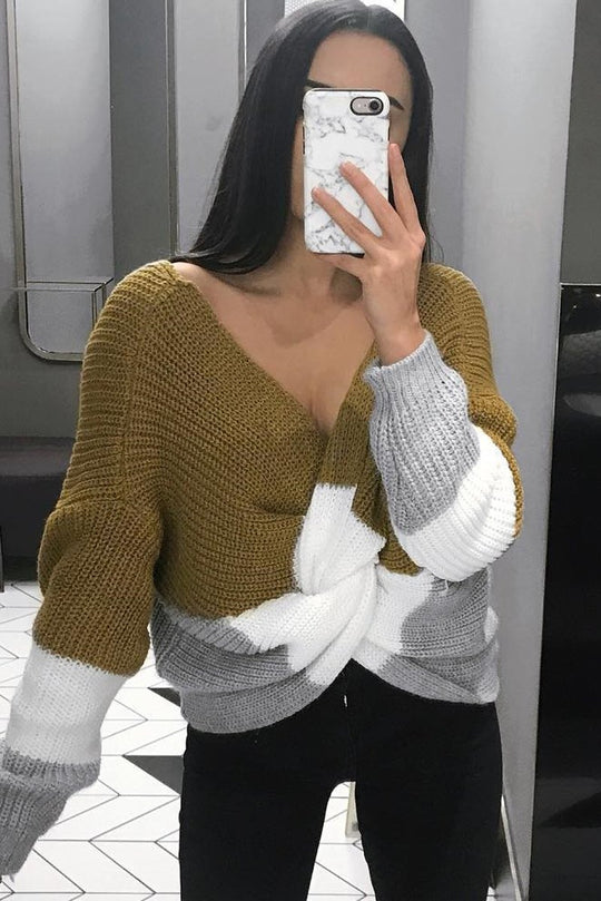 Mustard White and Grey Knot Knit Jumper - Kerri
