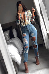 Floral Button Down Blouse with Beige Contrast - Katherine