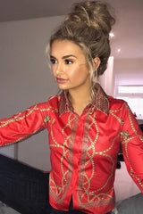 Red and Gold Scarf Print Blouse - Kinsleigh