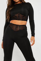 Black Mesh Corset Panel Crop Top Leggings Co-ord - Angela
