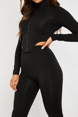Black High Neck Zip Crop Top Leggings Co-ord - Eily