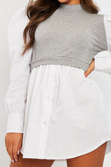 Grey Overlay Detail Puff Sleeve White Shirt Dress - Olah