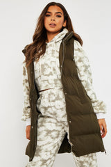 Khaki Side Zip Long Sleeveless Puffer Coat - Priyah