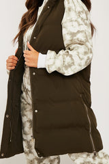 Khaki Side Zip Long Sleeveless Puffer Coat - Priyah