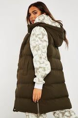 Khaki Side Zip Long Sleeveless Puffer Coat - Priyah