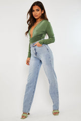 Khaki Plunging Wrap Middle Bodysuit - Ivyrose