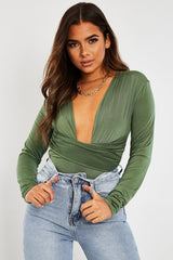 Khaki Plunging Wrap Middle Bodysuit - Ivyrose