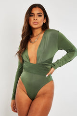 Khaki Plunging Wrap Middle Bodysuit - Ivyrose