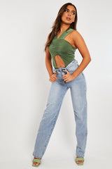 Khaki Cut Out Ruched Halter Neck Bodysuit - Janessa