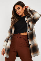 Brown Textured Check Oversized Shacket - Saphia