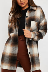 Brown Textured Check Oversized Shacket - Saphia