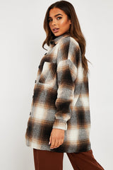 Brown Textured Check Oversized Shacket - Saphia