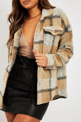 Camel Check Oversized Wool Blend Shacket - Diora