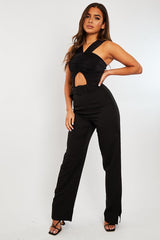 Black Cut Out Ruched Halter Neck Bodysuit - Janessa
