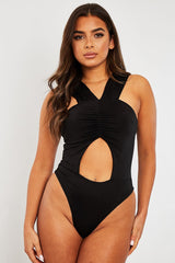 Black Cut Out Ruched Halter Neck Bodysuit - Janessa