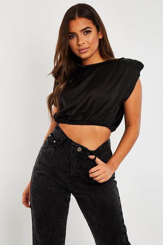 Black Satin Ruched Shoulder Pad Crop Top - Darina