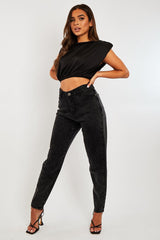 Black Satin Ruched Shoulder Pad Crop Top - Darina