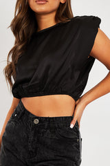 Black Satin Ruched Shoulder Pad Crop Top - Darina
