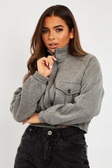 Grey Cargo Pocket Sweatshirt Jacket - Ovella