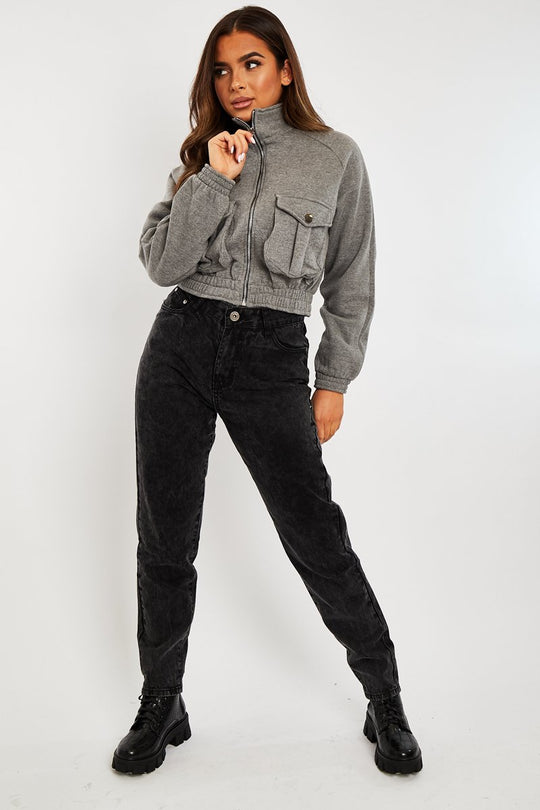 Grey Cargo Pocket Sweatshirt Jacket - Ovella