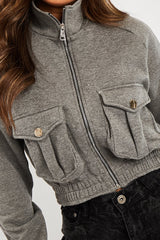 Grey Cargo Pocket Sweatshirt Jacket - Ovella