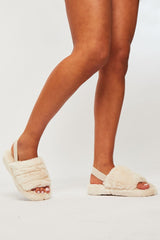 Beige Fluffy Strap Sliders - Naria