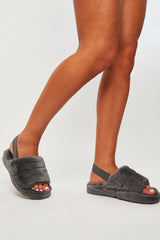Grey Fluffy Strap Sliders - Naria