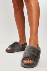 Grey Fluffy Strap Sliders - Naria