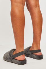 Grey Fluffy Strap Sliders - Naria