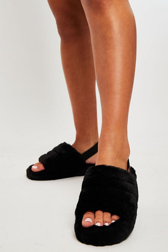 Black Fluffy Strap Sliders - Naria