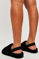 Black Fluffy Strap Sliders - Naria