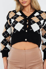 Beige Argyle Print Knit Cardigan - Dazie