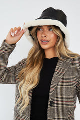 Black PU Faux Leather Fur Trim Bucket Hat - Mollie