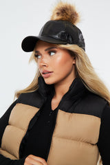 Black PU Coated Faux Fur Pom Pom Cap - Chanetell