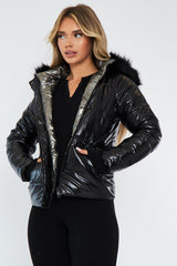Black Grey Wet Look Reversible Fur Hood Puffer Jacket - Zadie