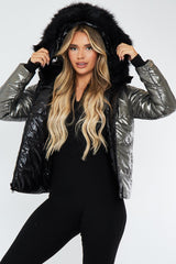 Black Grey Wet Look Reversible Fur Hood Puffer Jacket - Zadie