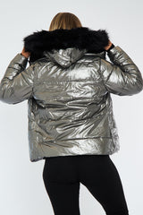 Black Grey Wet Look Reversible Fur Hood Puffer Jacket - Zadie