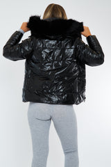 Black Wet Look Reversible Fur Hood Puffer Jacket - Zadie