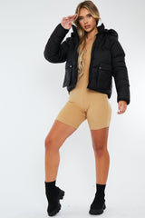 Black Dropped Hem Front Pocket Puffer Jacket - Amelia