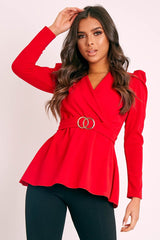 Red Plunging Double Circle Belt Puff Shoulder Blouse - Catia