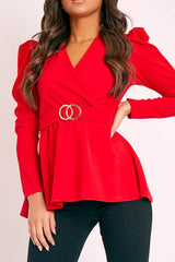 Red Plunging Double Circle Belt Puff Shoulder Blouse - Catia