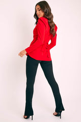 Red Plunging Double Circle Belt Puff Shoulder Blouse - Catia