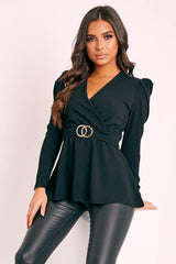 Black Plunging Double Circle Belt Puff Shoulder Blouse - Catia