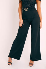 Black Double Circle Buckle Belted Wide Leg Trousers - Darbi