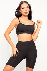 Black Ruched Panel Crop Top + Cycling Shorts Co-ord - Zariah