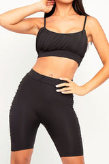 Black Ruched Panel Crop Top + Cycling Shorts Co-ord - Zariah