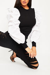 White Ribbed Shirt Puff Sleeve Top - Kayler