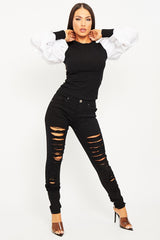 White Ribbed Shirt Puff Sleeve Top - Kayler