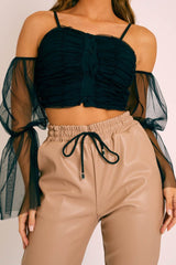 Black Mesh Ruched Button Front Crop Top - Tula